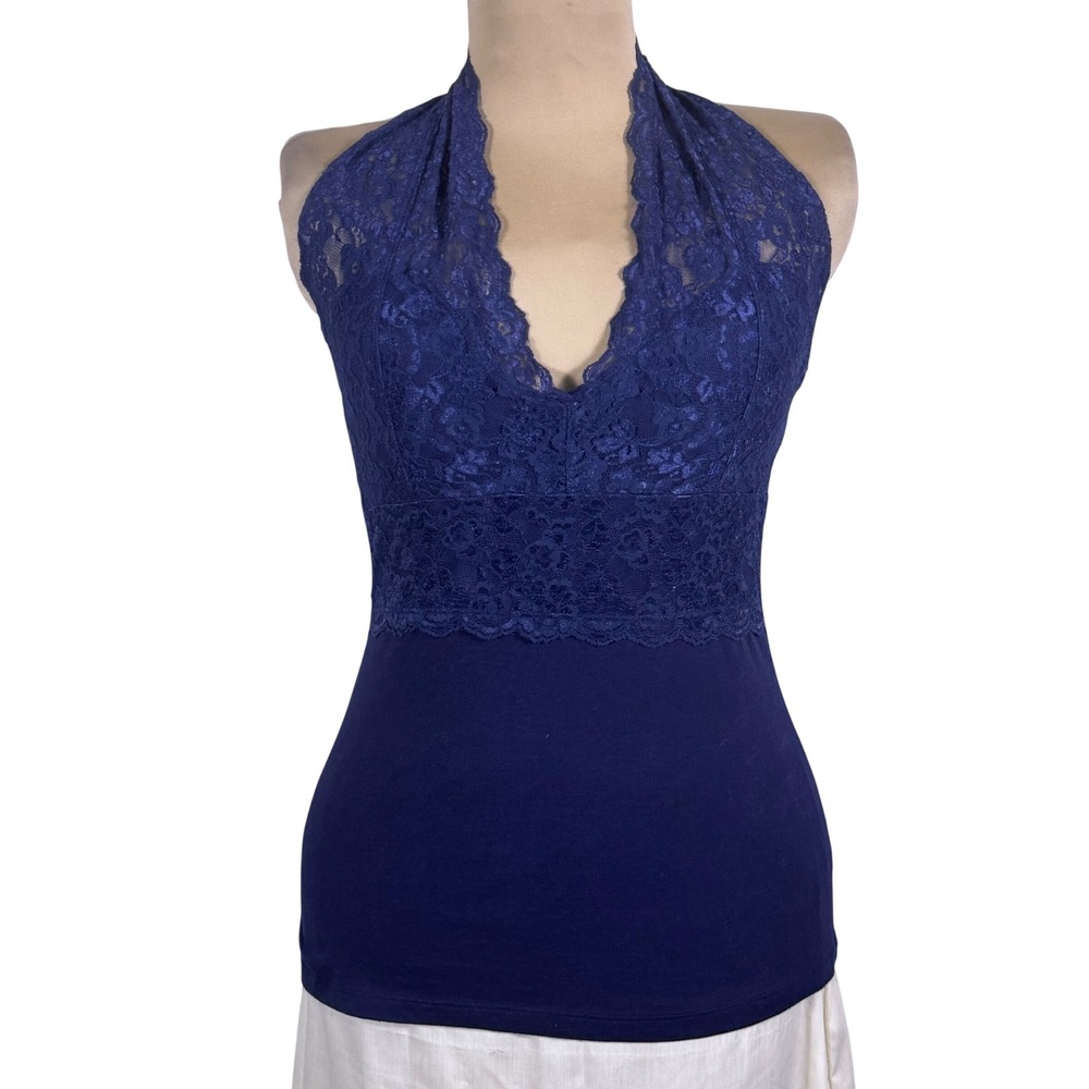 NWT Love Culture Navy Lace Halter Top Y2K Plunge‎ V Neck Stretch Going Out Large